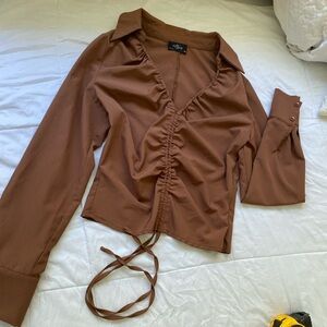 Brown Long Sleeve Ruched Blouse with Tie Front